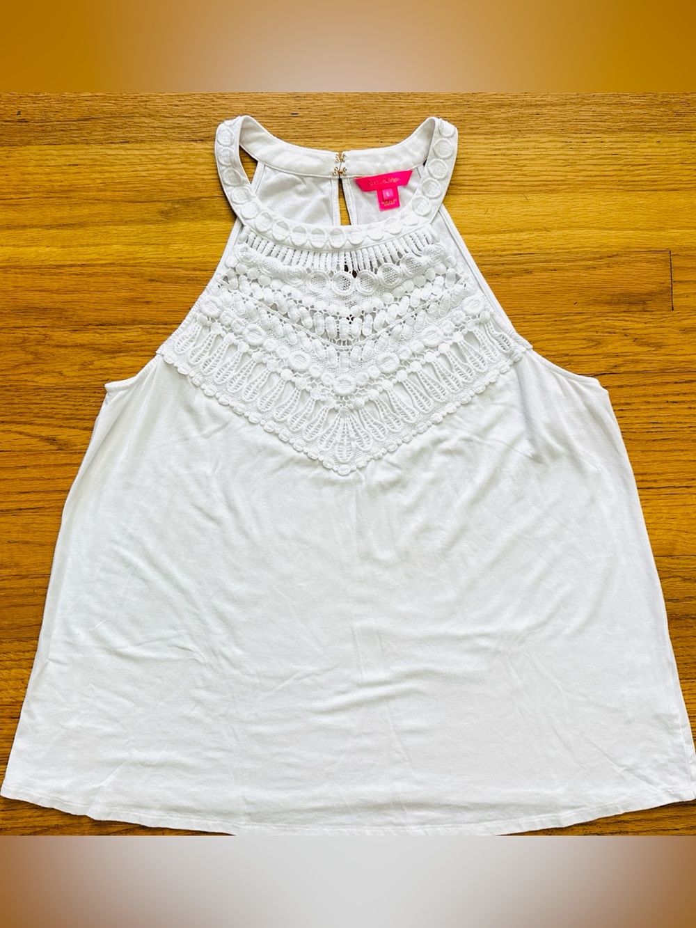 Lilly Pulitzer Large white Brittney White Crochet Halter Tank PTP 19” EUC!!